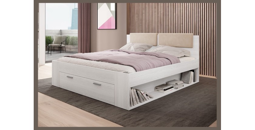 Chambre à coucher FLOYD : Armoire 220cm, Lit 140x200, commode, chevets. Coloris blanc effet bois.