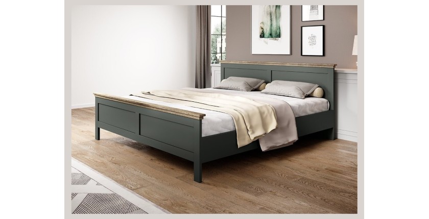 Chambre à coucher ASSIA : Armoire 200cm, Lit 180x200, commode, chevets. Coloris vert kaki et  chêne.