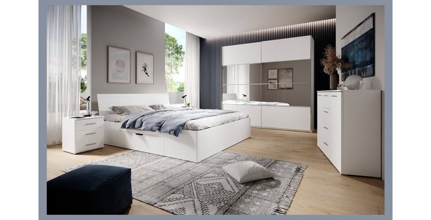 Chambre à coucher EOS : Armoire 220cm, Lit 160x200, commode, chevets. Couleur blanc mat
