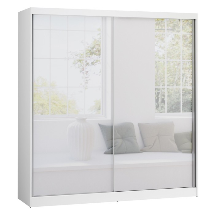 Armoire blanche 200cm avec miroirs, portes coulissantes et pack étagères. Collection BRISBANE.