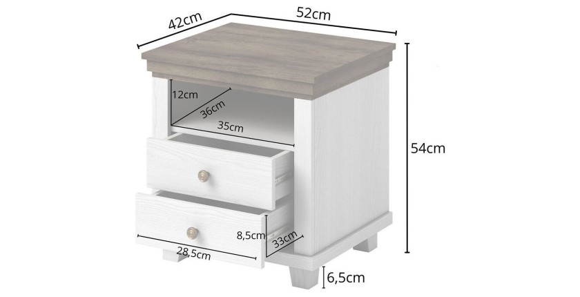 Table de chevet deux tiroirs et une niche, Coloris blanc et chêne. Collection ASSIA