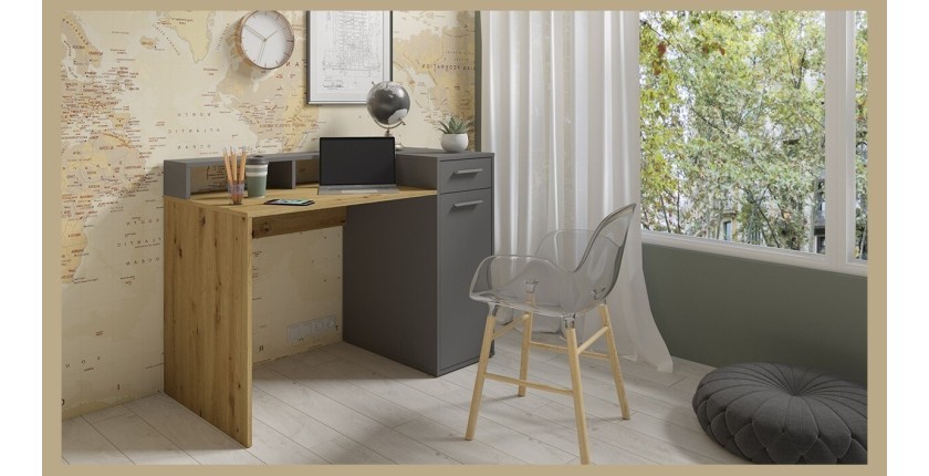 Bureau droit design avec caisson de rangement collection OFFICE coloris chêne et gris.