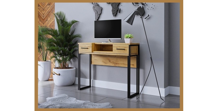 Console extensible en Bureau avec 2 tiroirs et 1 niche collection JASPER coloris chêne pieds en fer noir.