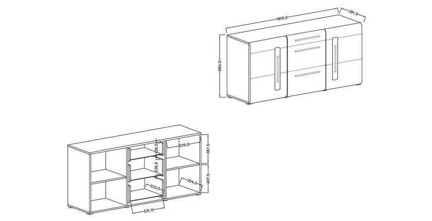 Buffet design 180cm. Collection BREDA deux portes et trois tiroirs. Coloris blanc.