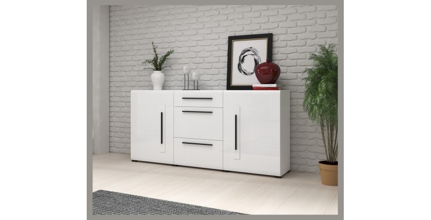 Buffet design 180cm. Collection BREDA deux portes et trois tiroirs. Coloris blanc.