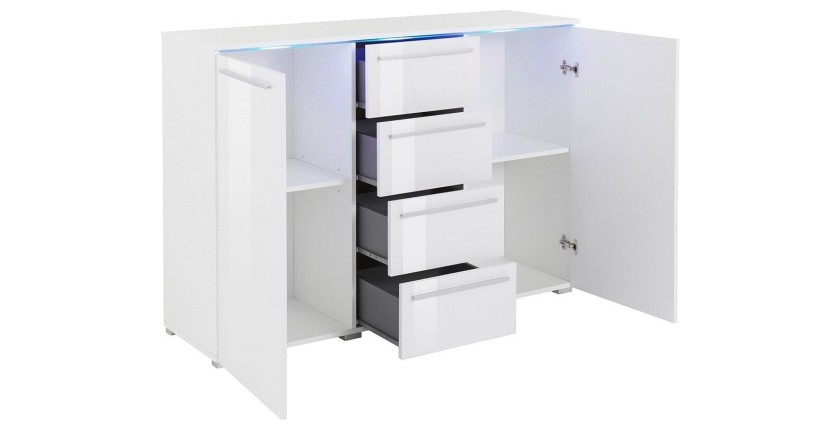 Buffet design RIO, 2 portes et 4 tiroirs. Coloris blanc brillant. LED incluses