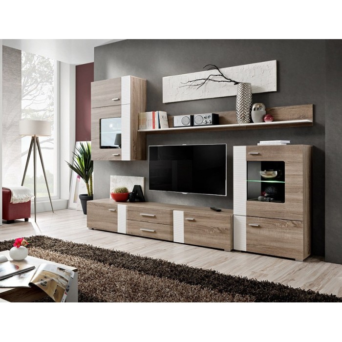 Composition de meubles TV  design collection ALEP. Coloris chêne et blanc.