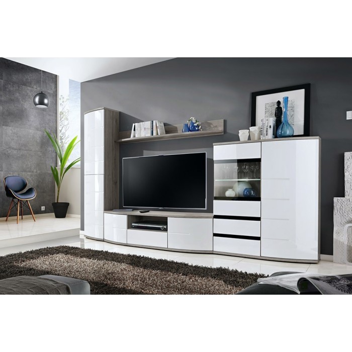 Composition de meubles TV design collection NOUK. Coloris blanc et finition chêne