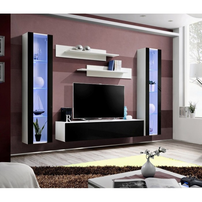 Meuble TV FLY A2 design, coloris blanc et noir brillant + LED. Meuble suspendu moderne et tendance pour votre salon.