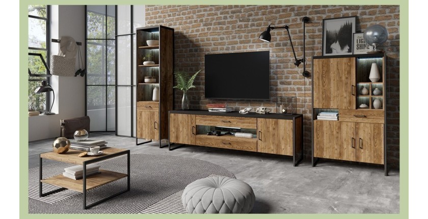 Ensemble de 4 meubles de salon style industriel coloris épicéa et noir. Collection ANAFI