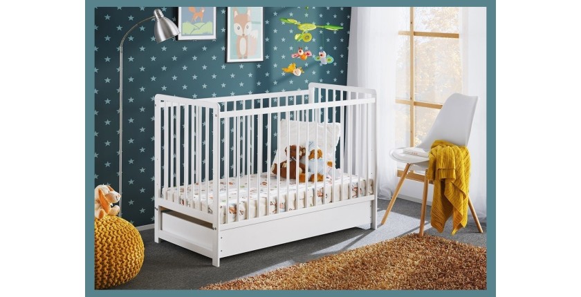 Lit bébé évolutif avec tiroir et matelas collection LUTIN réglable en hauteur. Coloris blanc mat.