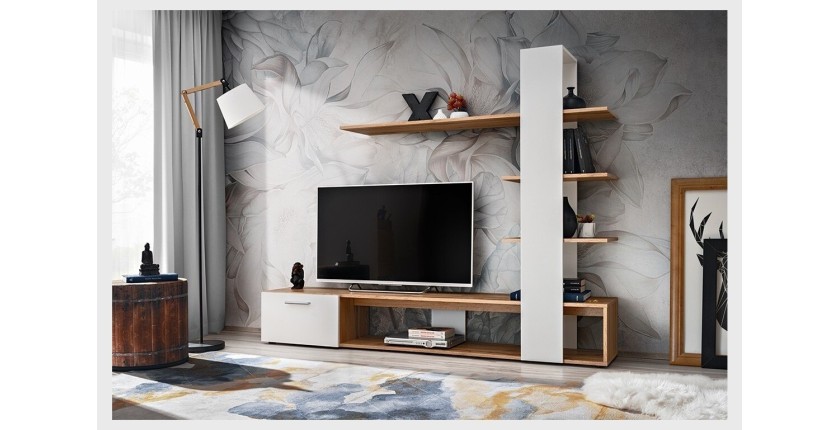 Meuble TV avec bibliothèque et étagères intégrées collection CLEO. Coloris blanc et chêne