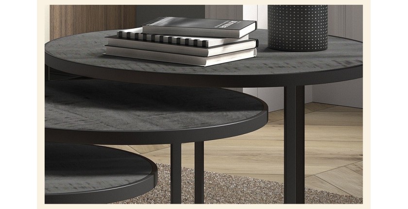 Table basse gigogne ronde noir collection LENOX. Meuble style industriel