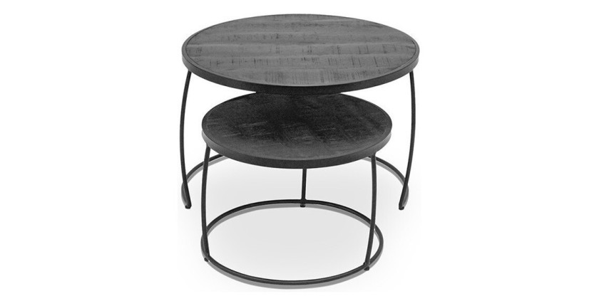 Table basse gigogne ronde en bois massif exotique. Finition noir. Collection LARSON.