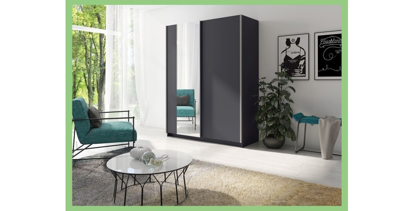 Armoire, garde robe 180cm coloris gris graphite collection GOZU. Deux portes coulissantes. Dressing complet avec miroir.