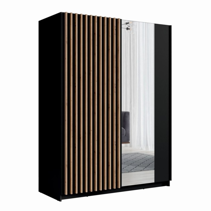 Armoire design 150cm coloris noir et chêne collection STRANO. Deux portes coulissantes. Dressing complet avec miroir.