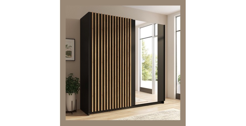 Armoire design 200cm coloris noir et chêne collection STRANO. Deux portes coulissantes. Dressing complet avec miroir.