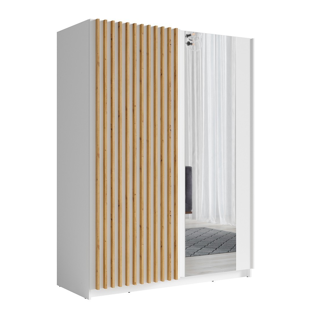 Armoire design 150cm coloris blanc et chêne collection STRANO. Deux portes coulissantes. Dressing complet avec miroir.