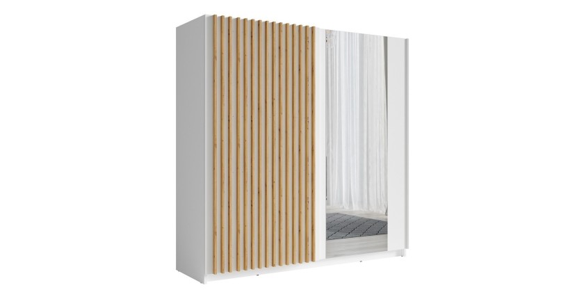 Armoire design 200cm coloris blanc et chêne collection STRANO. Deux portes coulissantes. Dressing complet avec miroir.