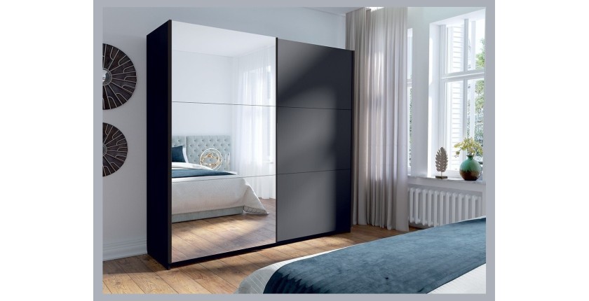 Armoire collection ARSALA 200 cm coloris gris graphite avec deux portes coulissantes avec miroirs. Penderie et étagères.