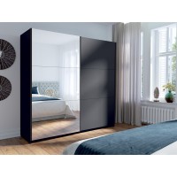 Armoire collection ARSALA 200 cm coloris gris graphite avec deux portes coulissantes avec miroirs. Penderie et étagères.