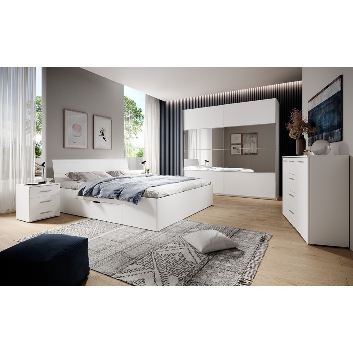 Chambre à coucher complète collection EOS : Armoire 150cm, Lit 180x200, commode, chevets. Couleur blanc mat