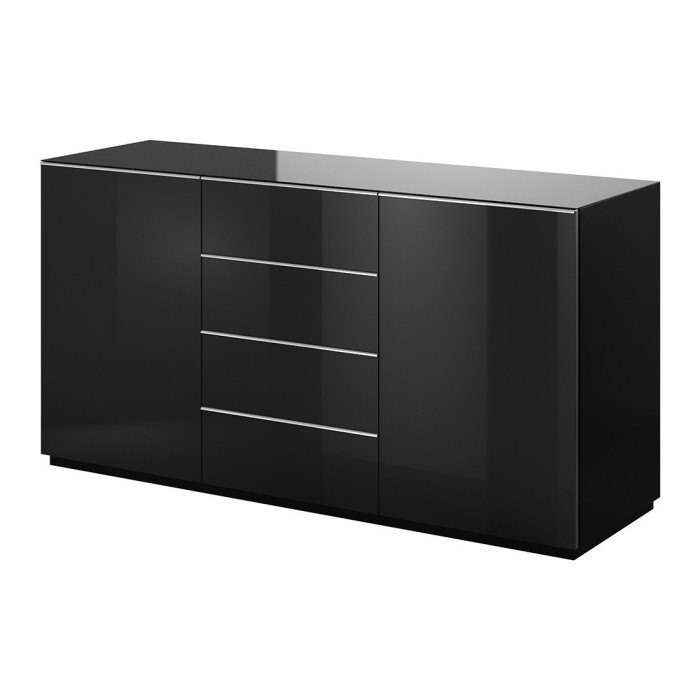 Buffet 160cm 2 portes et 4 tiroirs collection ZANTE. Coloris noir brillant pailleté.