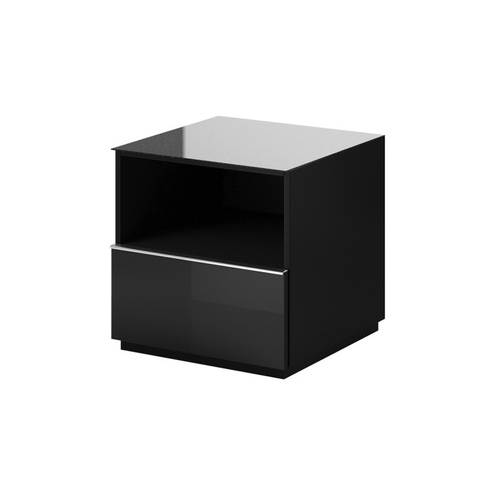 Petit Meuble TV ou meuble d'appoint 50cm collection ZANTE avec 1 tiroir et une niche avec LED. Couleur noir brillant pailleté