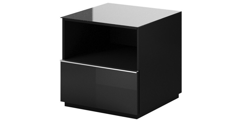 Petit Meuble TV ou meuble d'appoint 50cm collection ZANTE avec 1 tiroir et une niche avec LED. Couleur noir brillant pailleté