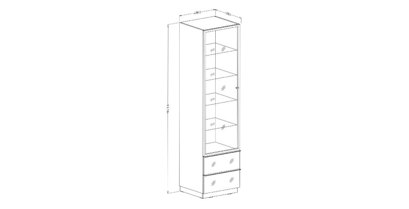 Vitrine haute, 1 porte vitrée et 2 tiroirs collection ZANTE avec LED intégrées. Coloris blanc brillant.