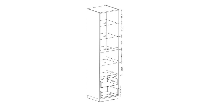 Vitrine haute, 1 porte vitrée et 2 tiroirs collection ZANTE avec LED intégrées. Coloris blanc brillant.