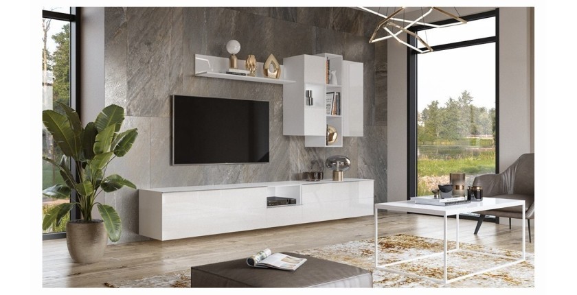 Meuble TV 180cm collection ZANTE avec 2 portes et 1 tiroir. LED incluses. Couleur blanc brillant.