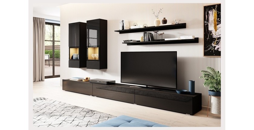 Ensemble meubles de salon collection RAMOS. Coloris noir brillant. LED intégrées.