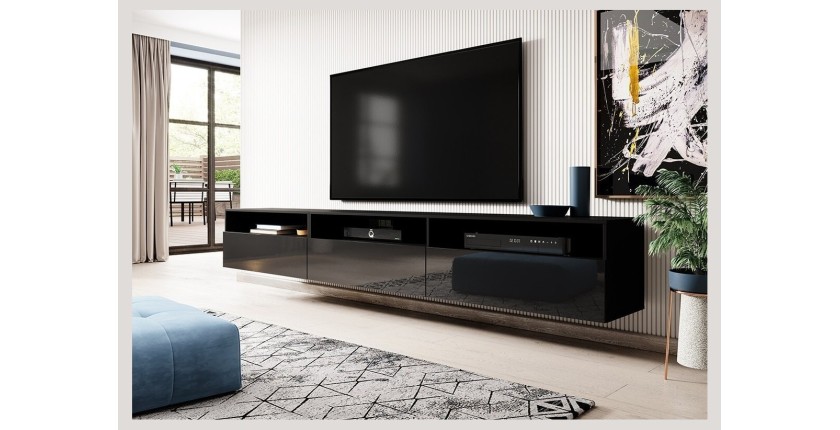 Meuble TV XL 270cm à poser ou à suspendre collection RAMOS. Coloris noir brillant.