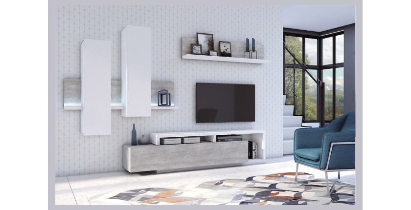 Ensemble meubles de salon avec LED collection BERGAME. Coloris blanc et gris béton.