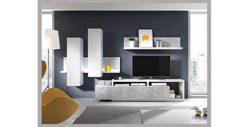 Ensemble meubles de salon avec LED collection BERGAME. Coloris blanc et gris béton.