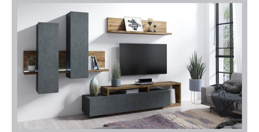 Ensemble meubles de salon avec LED collection BERGAME. Coloris gris et chêne foncé.