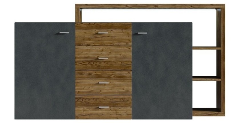 Buffet avec étagère intégrée collection BERGAME 180cm. Coloris gris et chêne foncé.