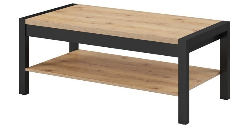 Table basse couleur chêne et noir collection BOWIE avec plateau intermédiaire de rangement.