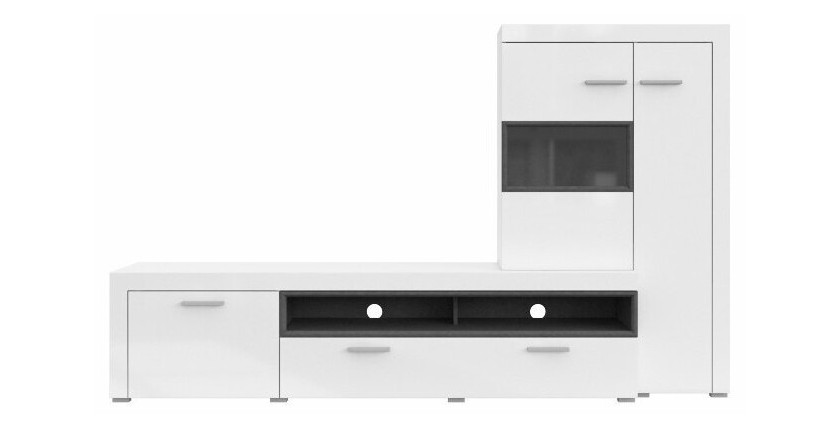 Meuble TV avec vitrine intégrée collection BONO. Couleur blanc et gris anthracite. 4 portes