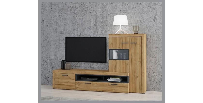 Meuble TV avec vitrine intégrée collection BONO. Couleur chêne et gris anthracite. 4 portes