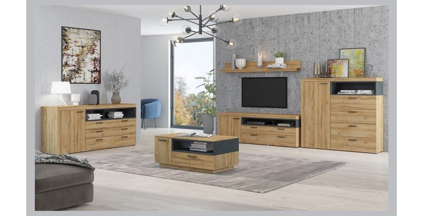 Ensemble 5 meubles de salon collection BONO. Couleur chêne et gris anthracite.