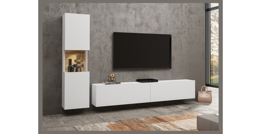 Ensemble meuble TV et vitrine collection EVA. Couleur blanc et chêne.