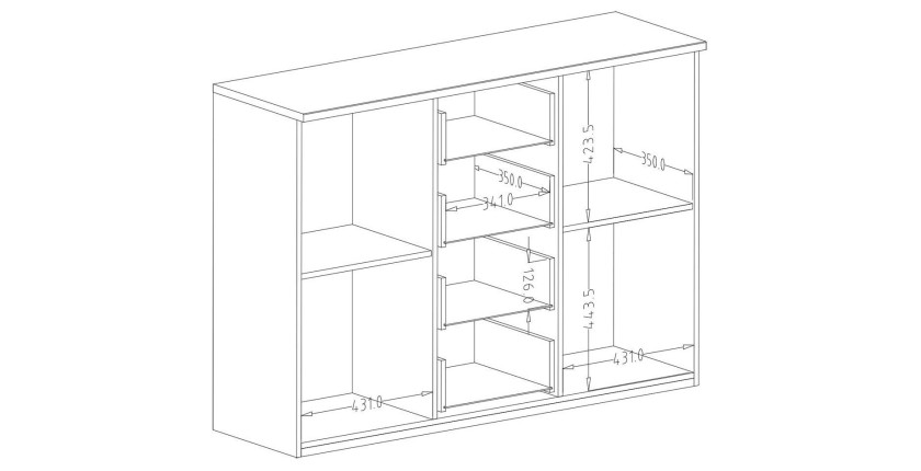 Commode design 2 portes et 4 tiroirs 130cm. Collection FOX coloris chêne foncé et noir.