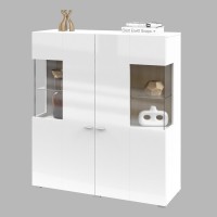 Buffet haut collection KOBEE 2 portes vitrées avec LED intégrée. Couleur blanc et chêne.