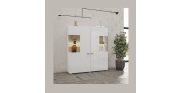 Buffet haut collection KOBEE 2 portes vitrées avec LED intégrée. Couleur blanc et chêne.