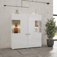 Buffet haut collection KOBEE 2 portes vitrées avec LED intégrée. Couleur blanc et chêne.