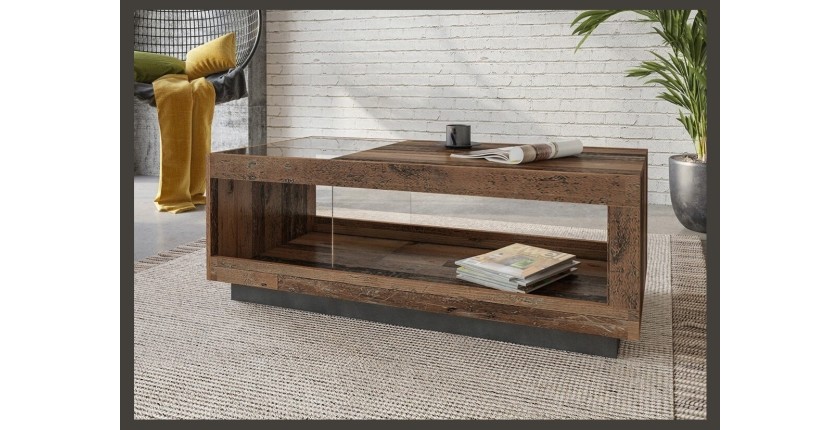 Table basse design collection ONYXIA avec plateau en parti vitré. Couleur chêne foncé et noir mat.