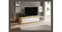 Meuble TV extensible de 200 à 240 cm couleur chêne et blanc brillant collection SINATRA.