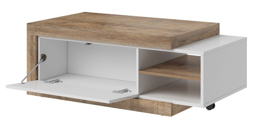 Table basse design extensible collection SINATRA. Couleur chêne foncé et blanc mat.